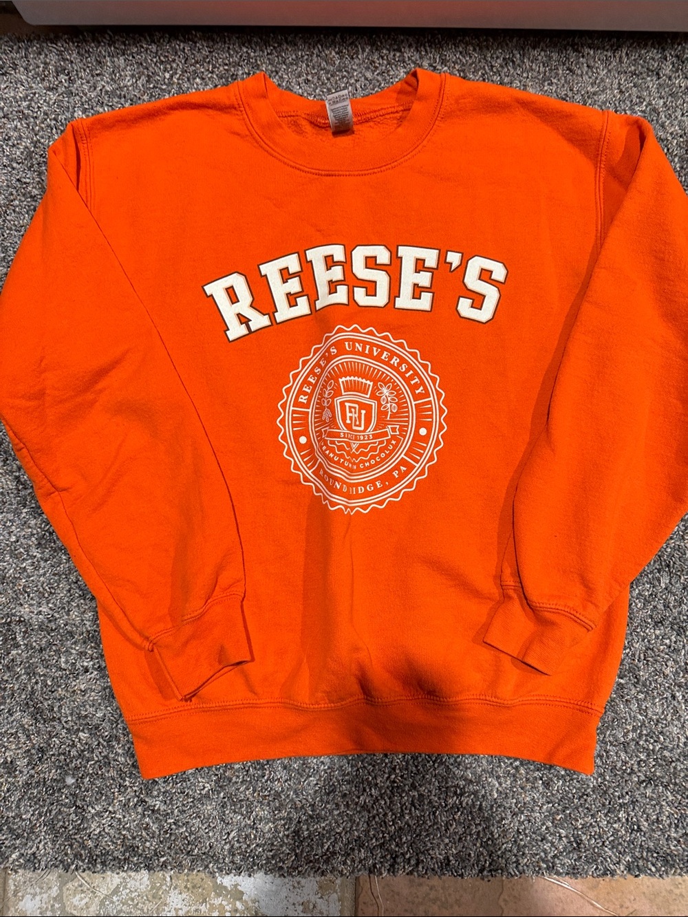 Gildan Bright Orange Crewneck Sweatshirt with White Reese's Print